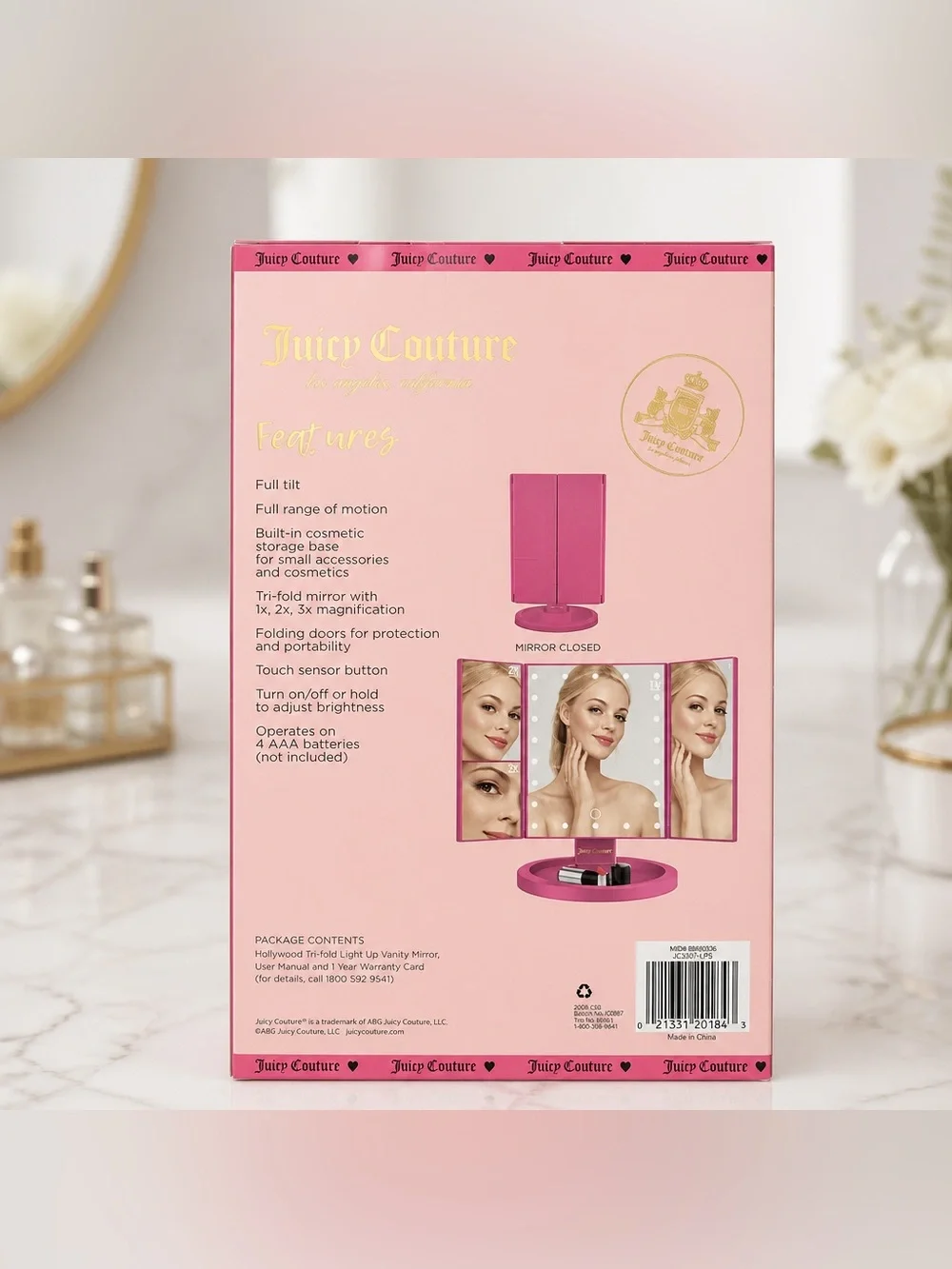 Juicy Couture Pink Tri-Fold Vanity Mirror with Makeup Tray